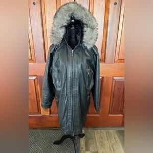 Wilsons Leather Black Hooded Mid Length Coat Parka S Women Faux Fur Trim